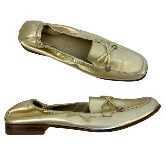 Salvatore Ferragamo Floyd Moon Nappa Calf Metallic Gold Shoes Loafers Size 7.5B - Picture 1 of 13